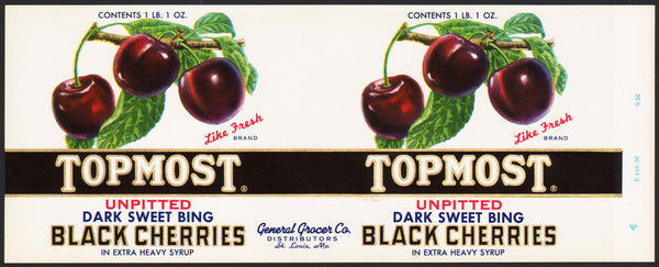 Vintage label TOPMOST BLACK CHERRIES General Grocer St Louis Missouri 1956 n-mint+