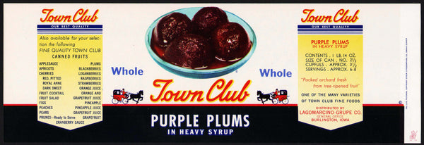 Vintage label TOWN CLUB Purple Plums carriage Lagomarcino Grupe Burlington Iowa