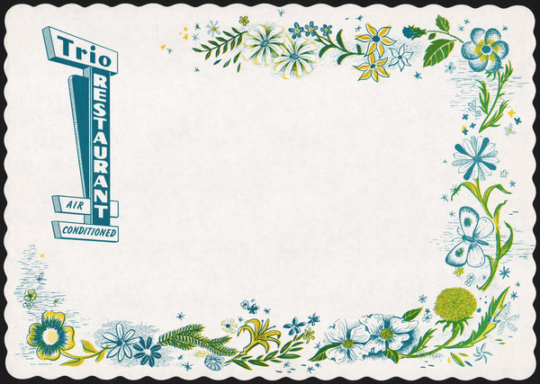 Vintage placemat TRIO RESTAURANT flowers and a butterfly border with their sign