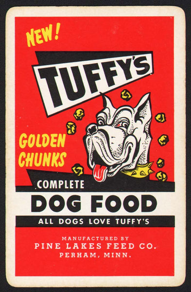 Vintage playing card TUFFYS DOG FOOD dog pictured Pine Lakes Feed Perham Minnesota