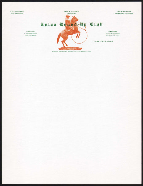 Vintage letterhead TULSA ROUND-UP CLUB bronco pictured Jack Stegall Oklahoma
