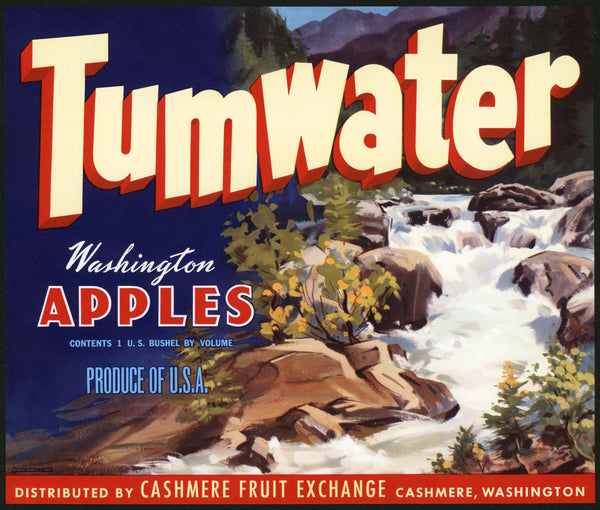 Vintage label TUMWATER Apples river pictured Cashmere Fruit Washington n-mint+