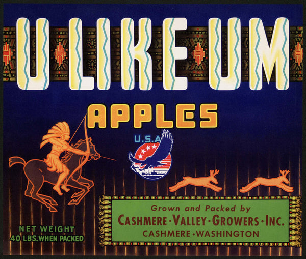 Vintage label U LIKE UM Apples indian picture Cashmere Valley Washington n-mint+
