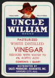 Vintage label UNCLE WILLIAM Vinegar man pictured Kansas City KS unused n-mint+