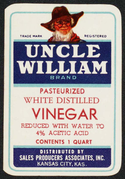Vintage label UNCLE WILLIAM Vinegar man pictured Kansas City KS unused n-mint+