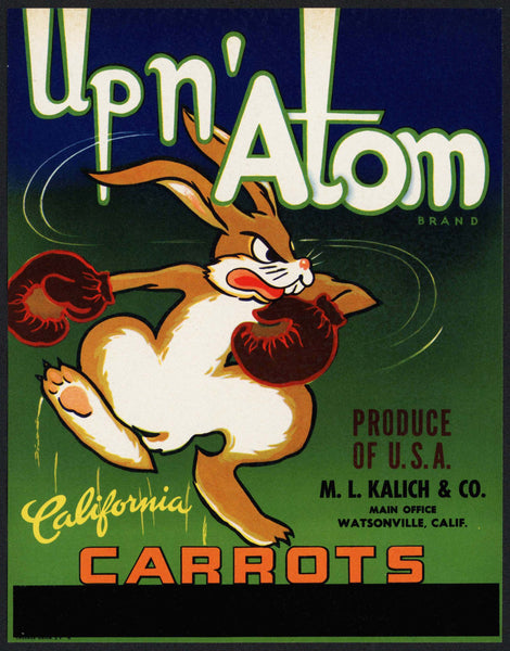 Vintage label UP N' ATOM California Carrots rabbit pictured M L Kalich Watsonville CA