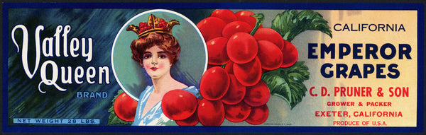 Vintage label VALLEY QUEEN Emperor Grapes woman pictured C D Pruner Exeter California