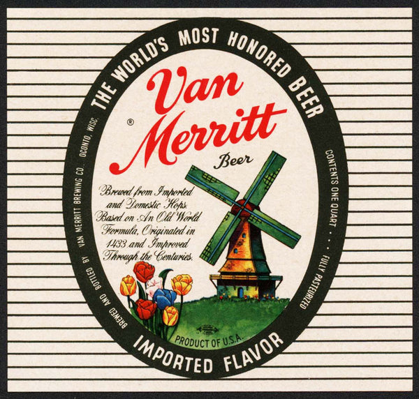 Vintage label VAN MERRITT BEER windmill pictured Oconto Wisconsin unused n-mint+