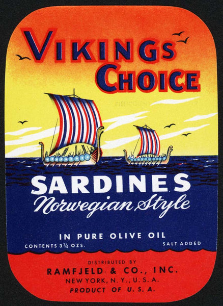 Vintage label VIKINGS CHOICE Sardines ships picture Ramfjeld New York NY n-mint+