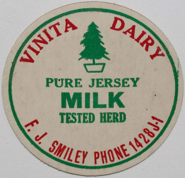Vintage milk bottle cap VINITA DAIRY Pure Jersey tree pictured F J Smiley Oklahoma
