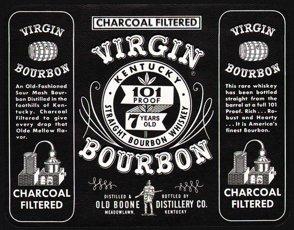 Vintage label VIRGIN BOURBON Old Boone Distillery Meadowlawn Kentucky n-mint+