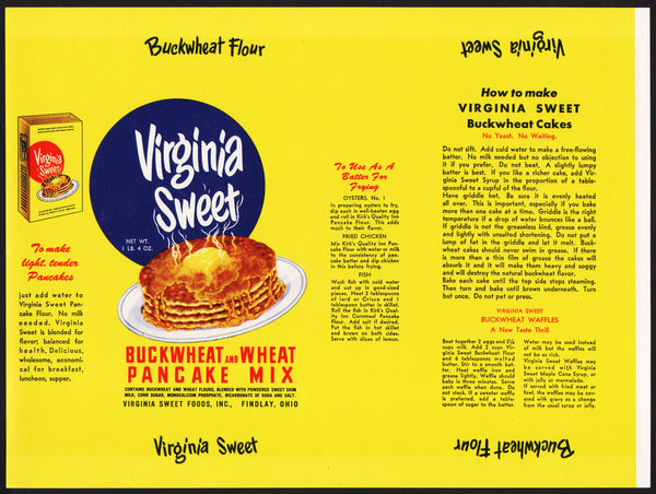 Vintage label VIRGINIA SWEET Buckwheat Pancake Mix Findlay Ohio unused n-mint+