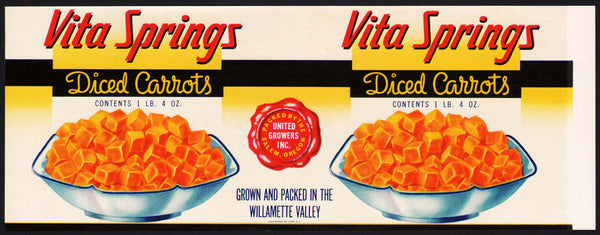 Vintage label VITA SPRINGS Diced Carrots pictured Willamette Valley Salem Oregon