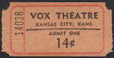 Vintage tickets VOX THEATRE 14 and 30 cents Kansas City Kansas unused n-mint+