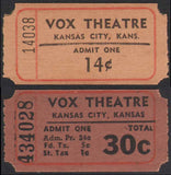 Vintage tickets VOX THEATRE 14 and 30 cents Kansas City Kansas unused n-mint+