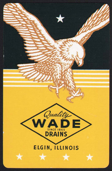 Vintage playing card WADE DRAINS yellow background flying eagle Elgin Illinois