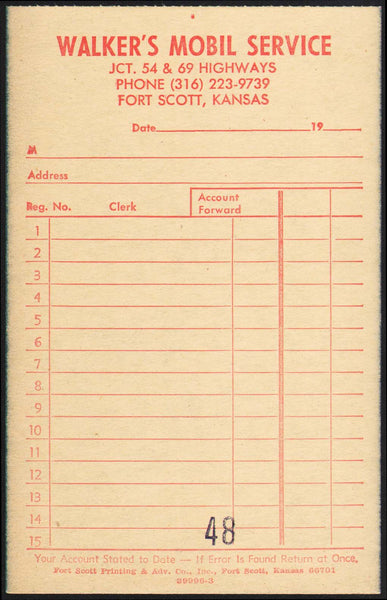 Vintage receipt WALKERS MOBIL SERVICE gas oil Fort Scott Kansas new old stock