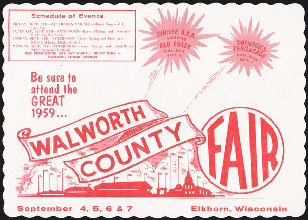 Vintage placemat WALWORTH COUNTY FAIRY Red Foley dated 1959 Elkhorn Wisconsin