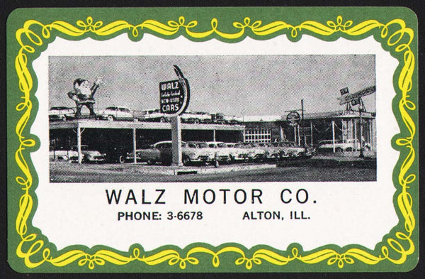 Vintage playing card WALZ MOTOR CO green border dealership pictured Alton Illinois