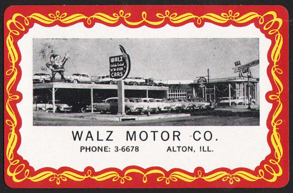 Vintage playing card WALZ MOTOR CO red border dealership pictured Alton Illinois