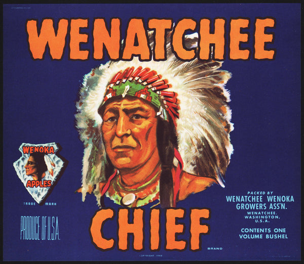 Vintage label WENATCHEE CHIEF indian pictured 1948 Washington unused n-mint+