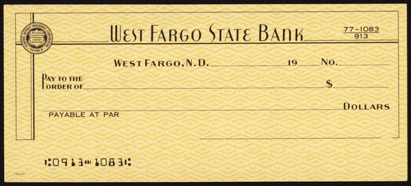 Vintage bank check WEST FARGO STATE BANK West Fargo North Dakota unused n-mint+