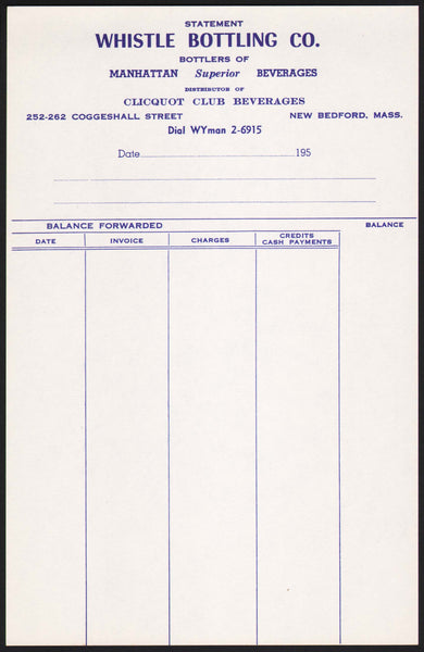 Vintage receipt WHISTLE BOTTLING Manhattan Clicquot Club 1950s New Bedford Mass