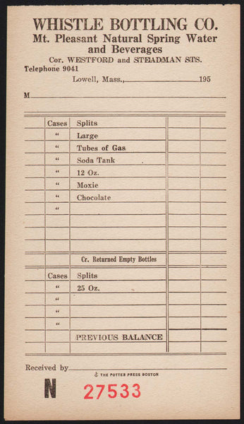 Vintage receipt WHISTLE BOTTLING Mt Pleasant Beverages dated 1950s Lowell Mass
