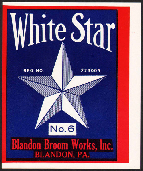 Vintage label WHITE STAR Blandon Broom Works Pennsylvania new old stock n-mint+