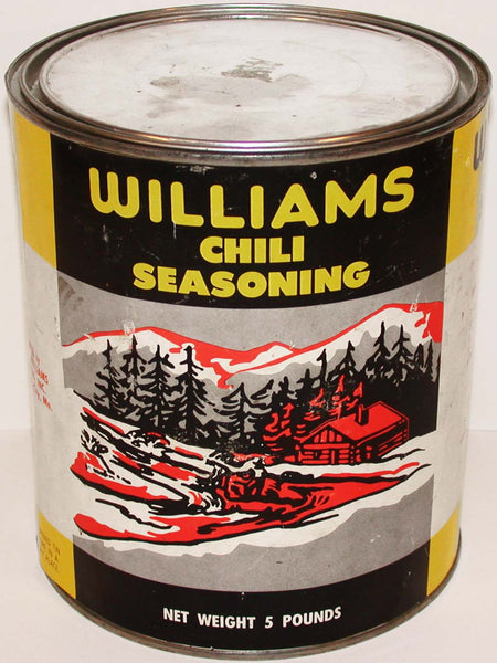 Vintage tin WILLIAMS CHILI SEASONING large 5lb size cabin scene Webb City MO