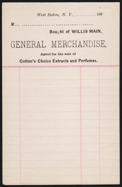 Vintage receipt WILLIS MAIN General Merchandise dated 1890s West Eaton New York