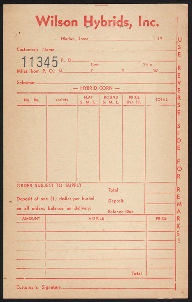 Vintage receipt WILSON HYBRIDS INC Harlan Iowa unused new old stock n-mint+