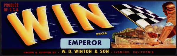 Vintage label WIN Emperor checkered flag W D Winton Ivanhoe California n-mint+