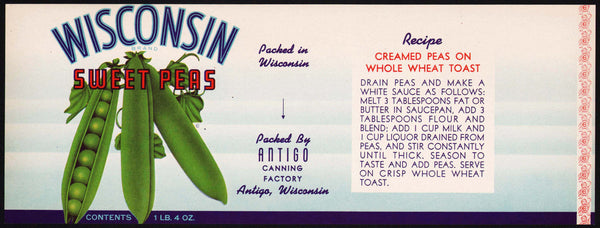Vintage label WISCONSIN Sweet Peas picture Antigo Canning Wisconsin unused n-mint+