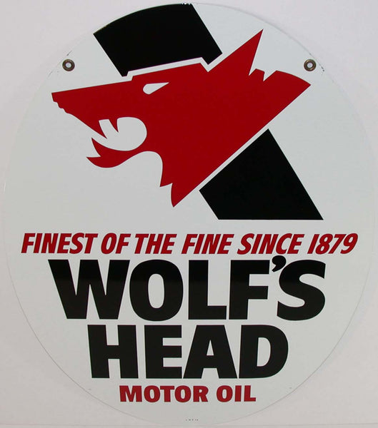 Vintage metal sign WOLFS HEAD MOTOR OIL wolf pictured double sided unused n-mint