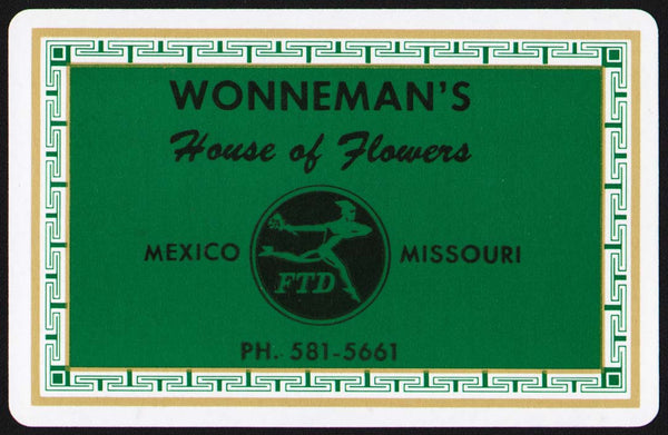 Vintage playing card WONNEMANS House of Flowers green FTD logo Mexico Missouri