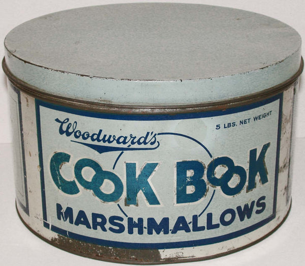 Vintage tin WOODWARDS COOK BOOK MARSHMALLOWS 5lb size Council Bluffs Iowa Rare