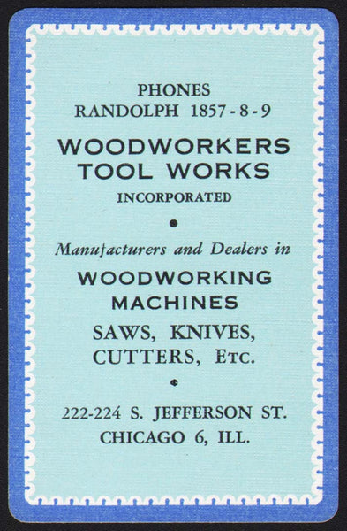 Vintage playing card WOODWORKERS TOOL WORKS blue background Chicago Illinois