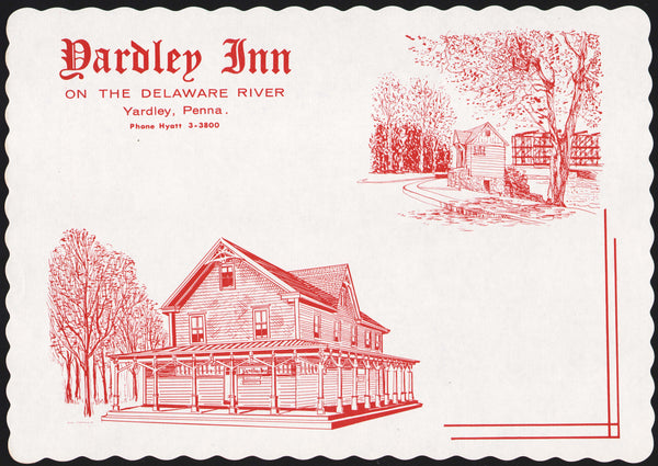 Vintage placemat YARDLEY INN on the Delaware River restaurant pictured Pennsylvania