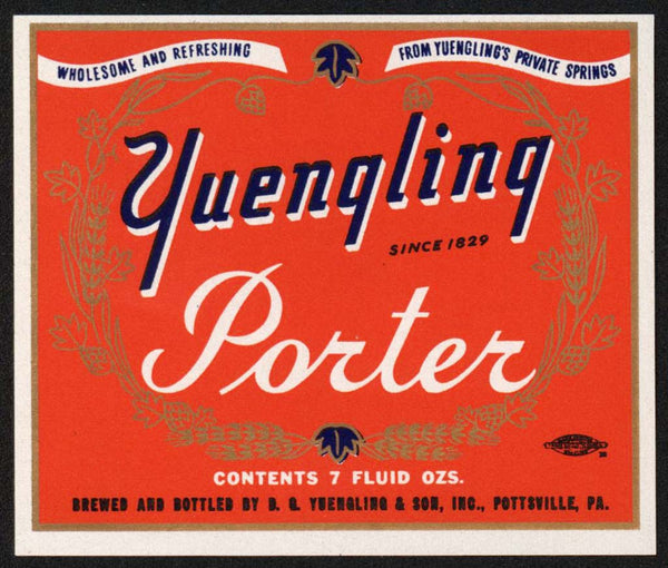 Vintage label YUENGLING PORTER beer 7oz Pottsville PA unused new old stock n-mint+