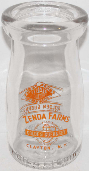 Vintage milk bottle ZENDA FARMS Golden Guernsey quarter pint Clayton New York