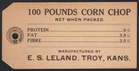 Vintage tag 100 POUNDS CORN CHOP manufactured by E S Leland Troy Kansas unused