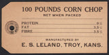 Vintage tag 100 POUNDS CORN CHOP manufactured by E S Leland Troy Kansas unused