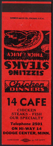 Vintage matchbook cover 14 CAFE with a steak pictured Dodge Center Minnesota