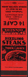 Vintage matchbook cover 14 CAFE with a steak pictured Dodge Center Minnesota