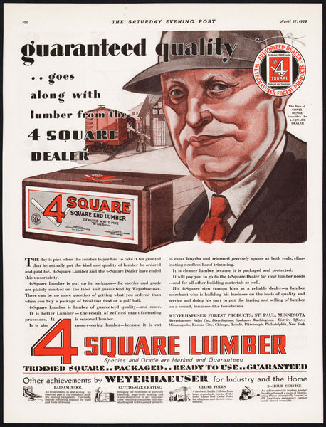 Vintage magazine ad 4 SQUARE LUMBER Weyerhaeuser from 1929 with man pictured