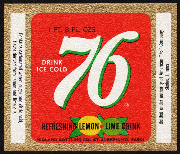 Vintage soda pop bottle label 76 LEMON-LIME Midland Bottling St Joseph Missouri