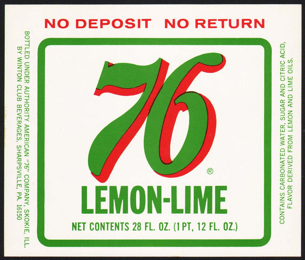 Vintage soda pop bottle label 76 LEMON-LIME No Deposit No Return Sharpsville PA