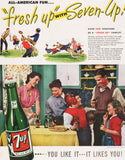 Vintage magazine ad 7 UP from 1946 All American Fun family playing football pictured