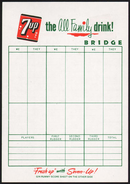 Vintage score sheet 7 UP Fresh Up for Bridge and Rummy new old stock n-mint+